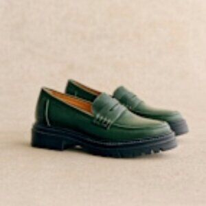Sezane Green Leather Lug Sole Loafers